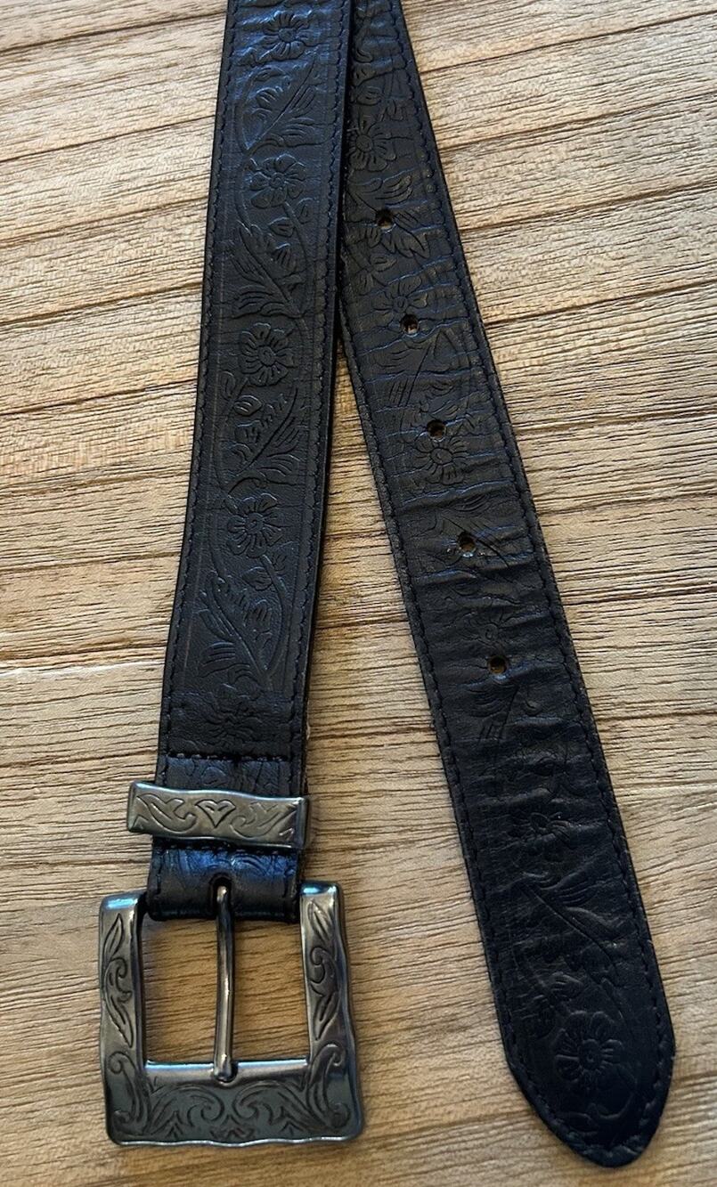 USA Western Floral Tooled Leather Black Belt Gunmetal Buckle Women’s Sz X-Large